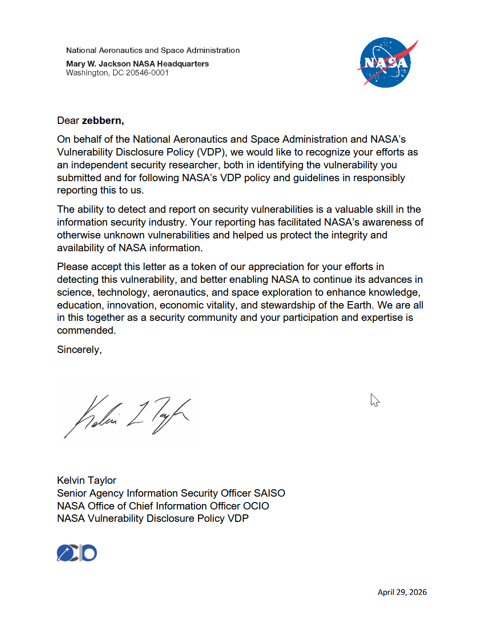 NASA Vulnerability Disclosure Program letter of recognition